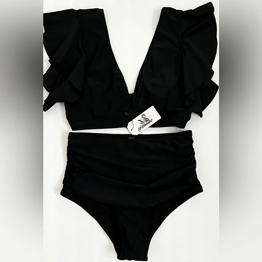 Sporlike Two Piece Swimsuit Ruffle Sleeve High Waist Black NWT L